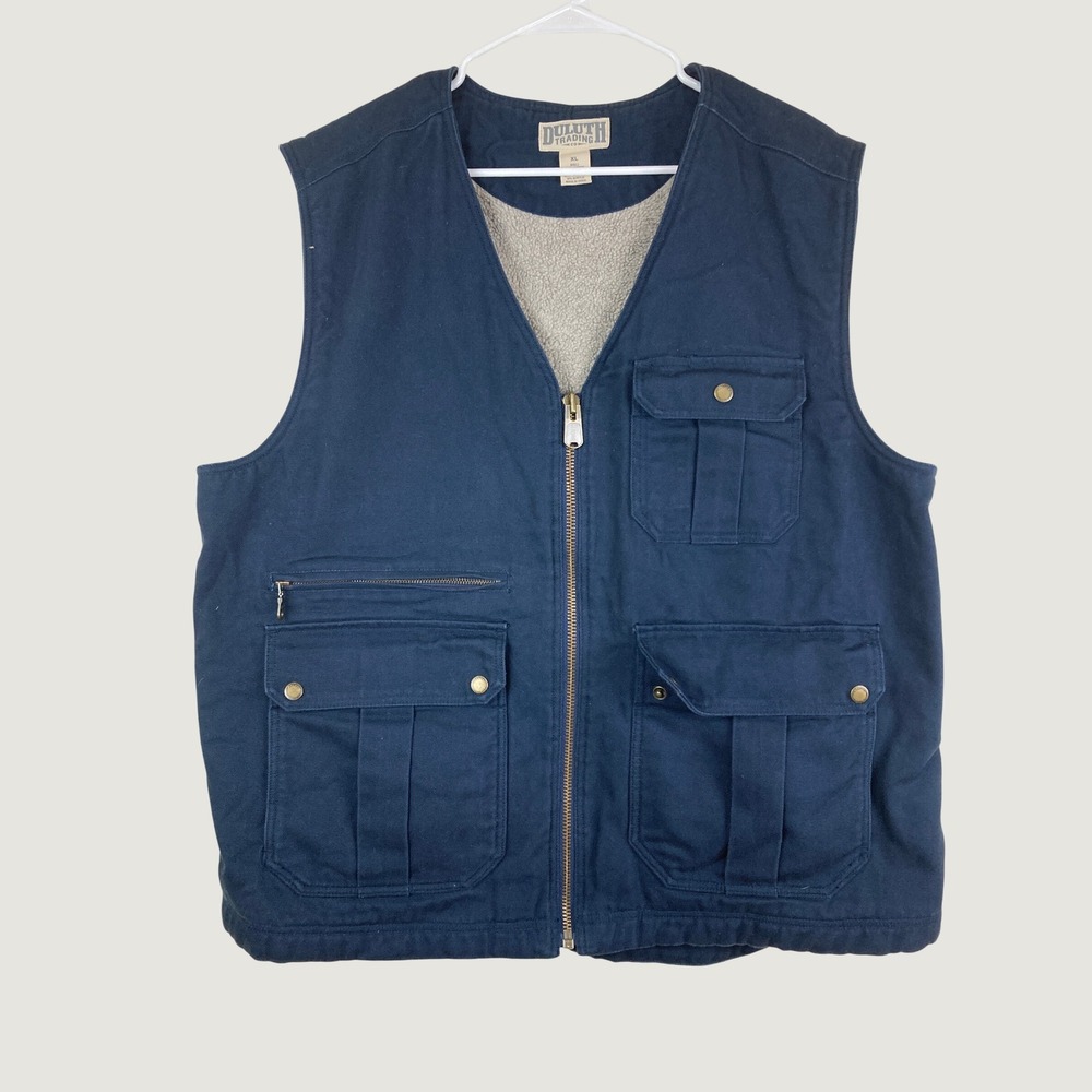 Duluth Trading Utility Vest Mens XL Navy Blue Fleece Lined Canvas Work Outdoor